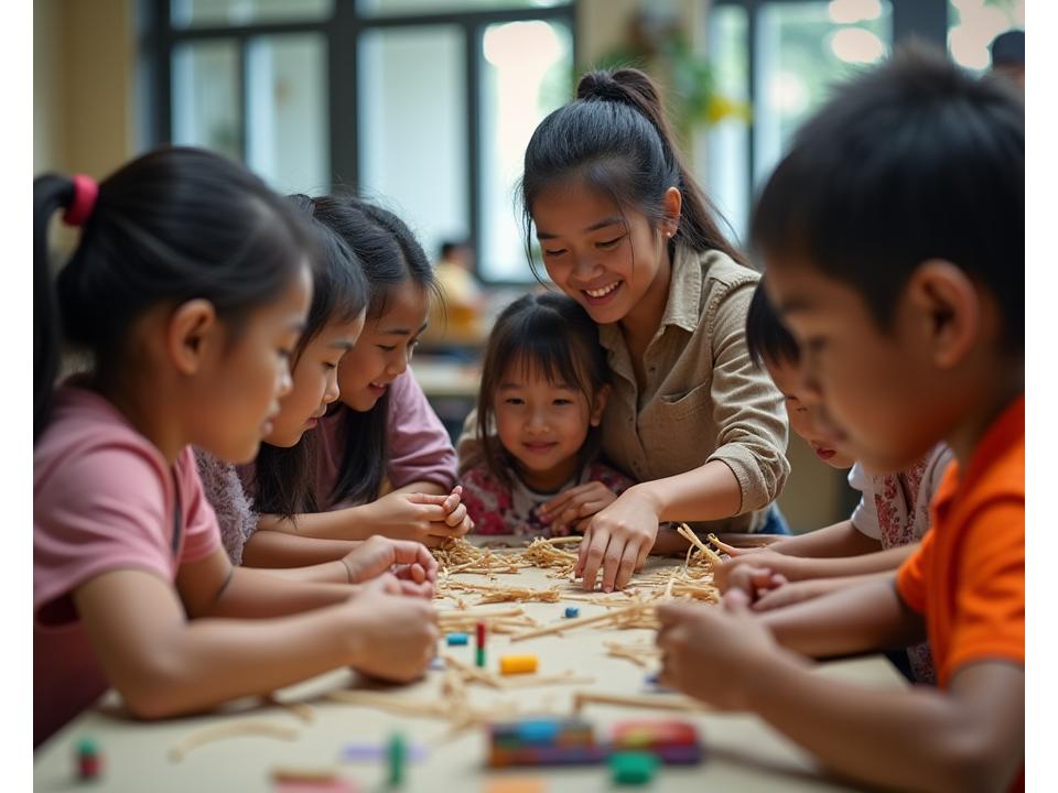 Mga batang Pilipino na natututo ng traditional crafts